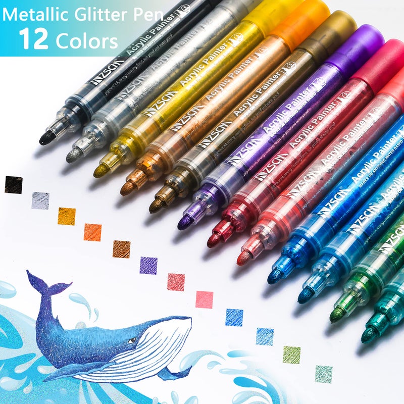 ZSCM QUALITY DECIDES THE FUTURE ZSCM Large Acrylic Glitter Markers Pen, 12 Colors Stocking Stuffers Gifts, Metallic Shimmer Markers for Doodle Writing, Glitter Art Crafts Gifts Trendy Stuff Christmas Stocking Stuffers - Image 3